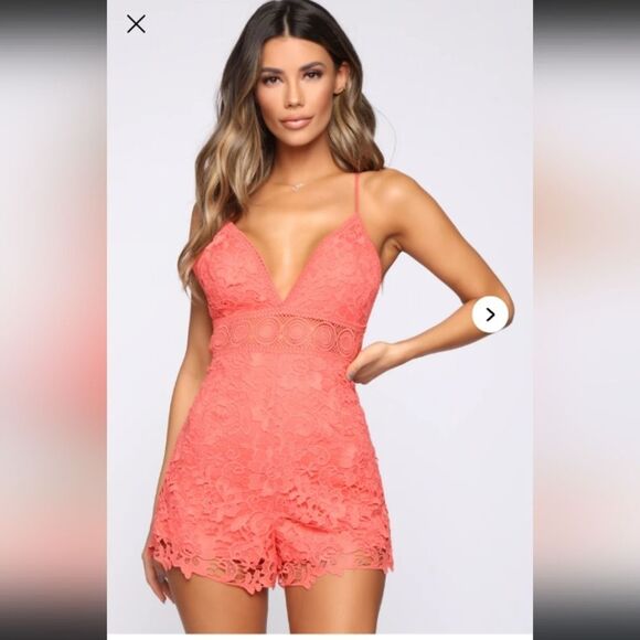 Fashion Nova Pants - Fashion Nova Vibrant Coral (Orange/Pink)  Lace Romper Size Large